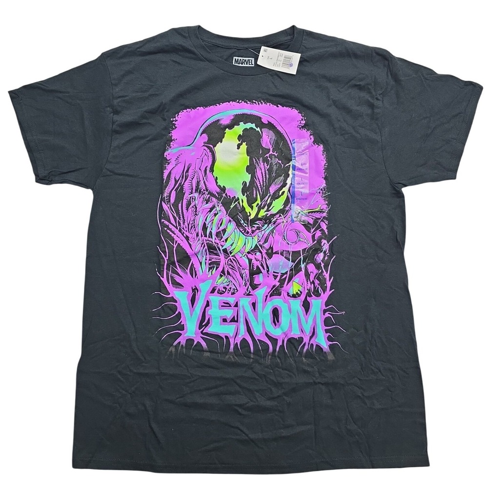 Marvel Venom Graphic T-Shirt Mens Large Black Neon Purple Green Athletic Fit NEW